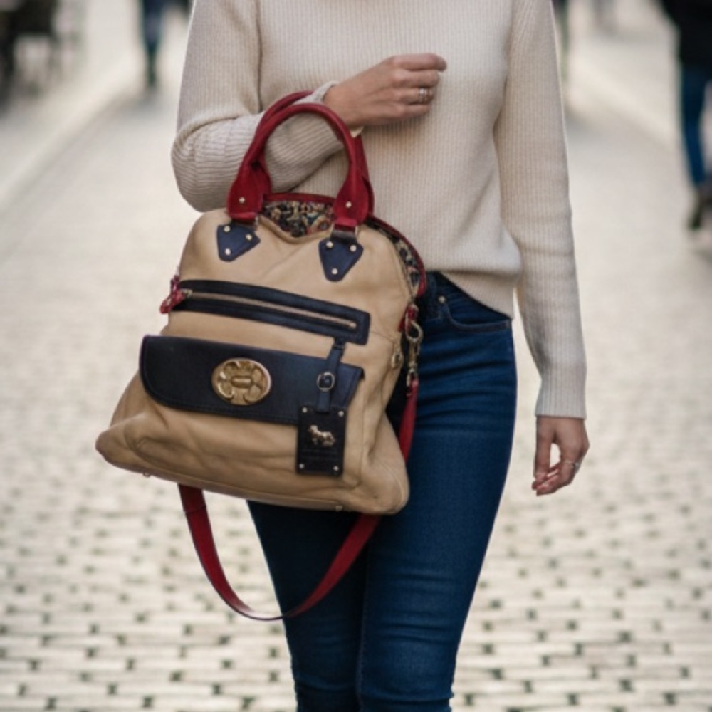 Emma Fox Beige, Blue and Red Leather Satchel Bag